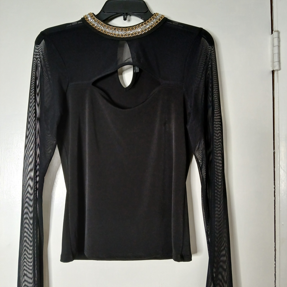 Elegant Black Cut Out Long Mesh Sleeves with Gold And Silver Accent Top